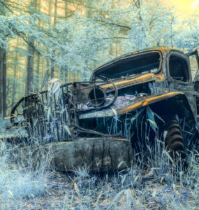 Abandoned Dodge car in mystical forest, frozen in time, nature reclaiming its space.