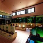 Traditional Japanese bathhouse with wooden tubs, natural light, and serene ambiance in Tokyo.