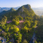 Tranquil Mifuneyama Park in Japan offers lush greenery, colorful flowers, and sweeping mountain views.