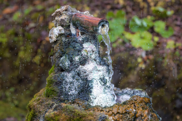 Tranquil bubbling hot spring oasis with crystal-clear water cascading over moss-covered rocks.