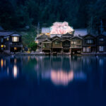 Ine traditional boathouses at night, Japan coast town