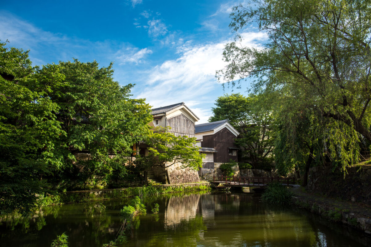 Omihachiman canal in Shiga, Japan, reflecting wooden buildings and lush trees under blue sky.