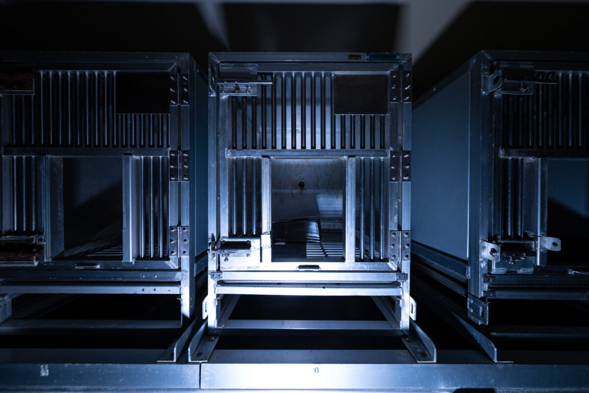 Empty stainless steel animal research cages in sterile lab corridor under cool blue lighting.