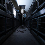Dim lab corridor lined with stacked metal animal cages under surgical ceiling light.