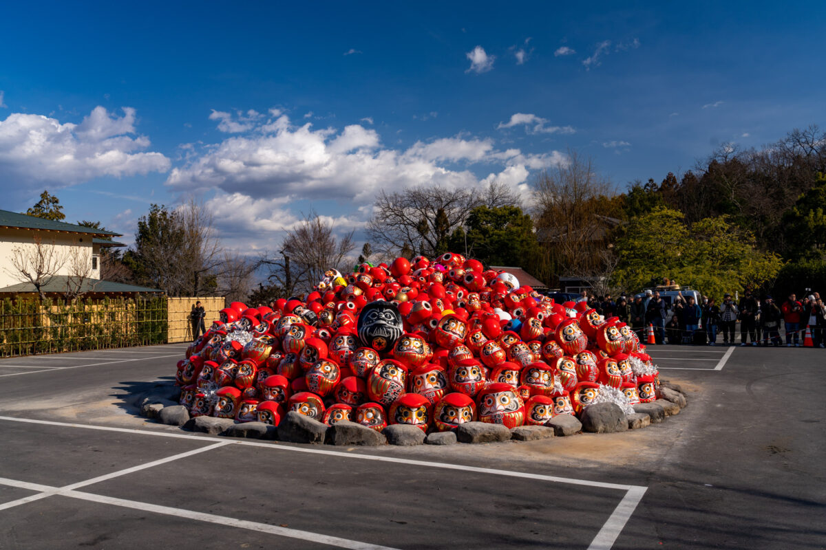 Pile of red Daruma dolls at Shorinzan Temple courtyard in Japan