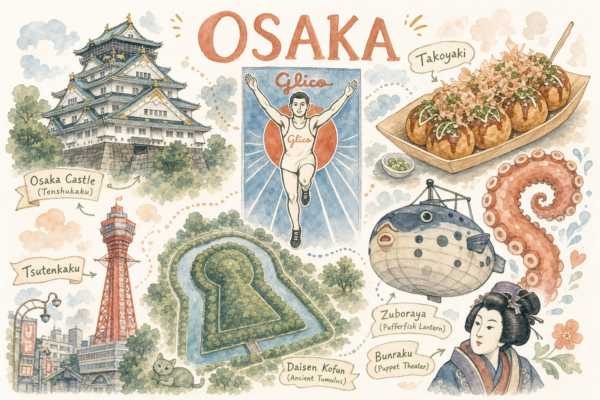 Illustration aquarelle d'Osaka : château, Glico Running Man, takoyaki, Tsutenkaku, poulpe, Zuboraya pufferfish, tumulus Daisen Kofun, marionnette bunraku