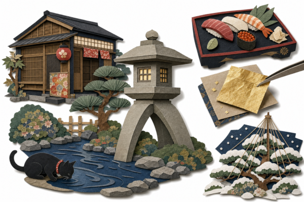 Kanazawa en papier découpé : lanterne Kotojitōrō, chaya, feuille d'or et sushis