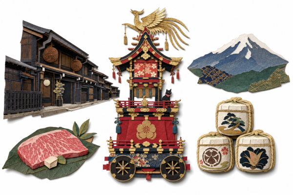 Takayama en papier découpé : char de festival, Sannomachi, bœuf de Hida