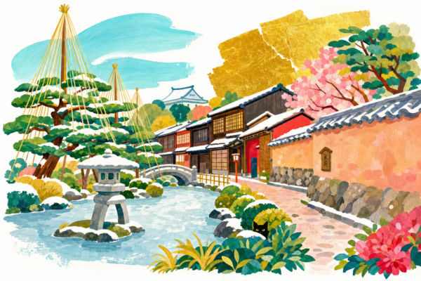 Kanazawa en gouache Pop 60 : le jardin sous ses cordes de neige, les maisons de thé et la feuille d'or