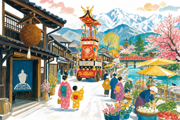 Takayama en gouache Pop 60 : la rue marchande, le sugidama et le char de festival