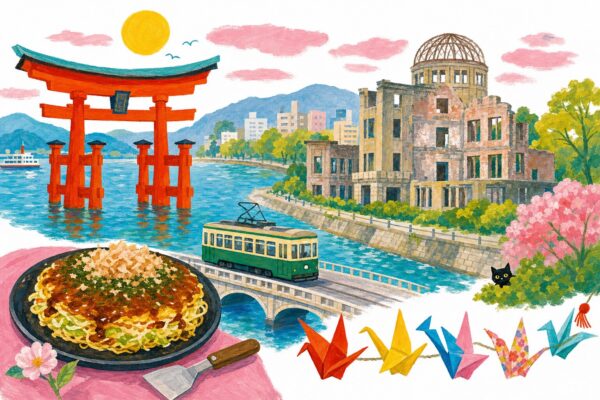 Hiroshima en gouache Pop 60 : le torii flottant, le Dôme, le tram et les grues en papier