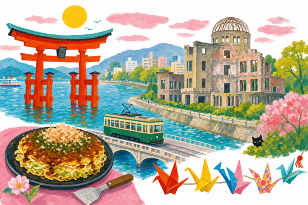Hiroshima en gouache Pop 60 : le torii flottant, le Dôme, le tram et les grues en papier