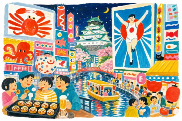 Osaka en gouache Pop 60 : le canal, les enseignes géantes et les takoyaki