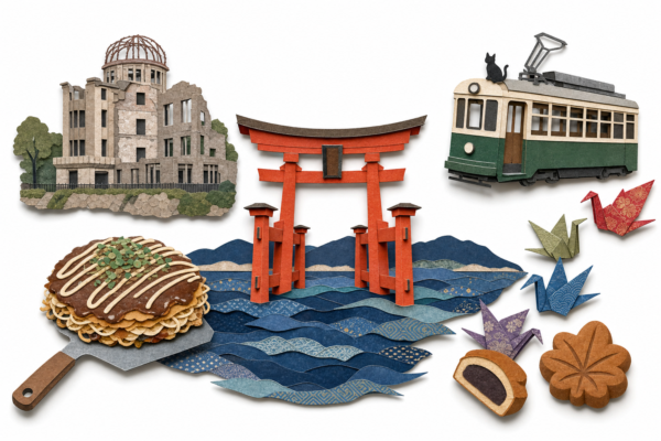 Hiroshima en papier découpé : torii flottant, Dôme, tramway, okonomiyaki et grues en origami