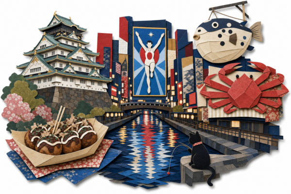 Osaka en papier découpé : Dotonbori, le château, takoyaki et fugu