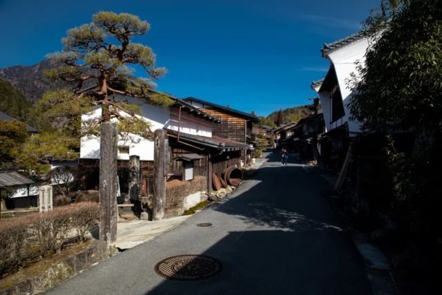 Pruned pine whispers calm, Old wood meets azure blue skies, Mountains hug the past. 切りそろえた松の静けさ 古木と青空、出会う 山々に抱かれた過去 #offbeatjapan #japan #traditionalvillage #woodenarchitecture #serenescenes #historicjapan #natureandheritage